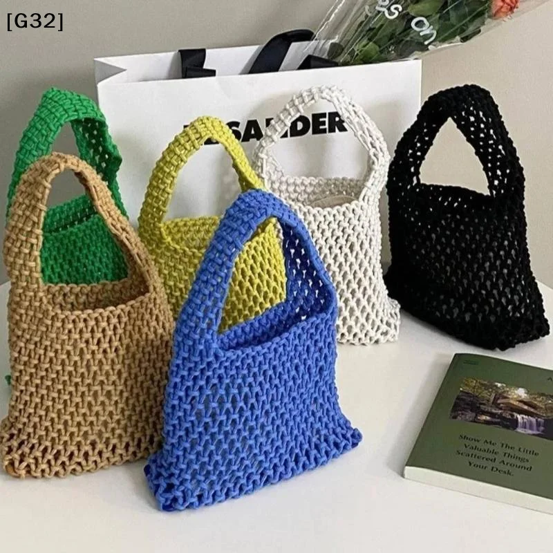 Knitted Handbag, Hollowout Handmade Woven One-shoulder Pouch, The Cotton Rope Colorful Large Capacity Mommy Bag Work【G32】