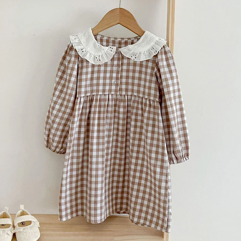 Spring Autumn Kids Baby Girls Long Sleeve Sweet Doll Collar Plaid Princess Dress Kids Baby Girls Dress Children Clothes Dress