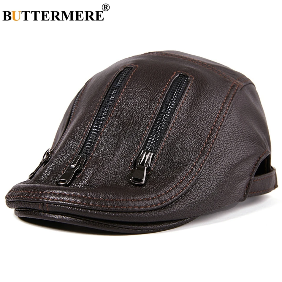 BUTTERMERE Black Berets For Men Leather Flat Caps Male Adjustable Ivy Cap Zipper Genuine Sheepskin Leather Italian Duckbill Hats