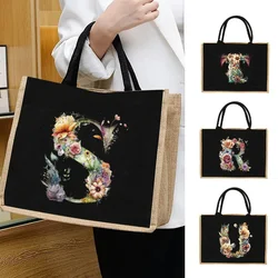 Bolso de hombro de lino con estampado Floral para mujer, bolsa de yute de imitación con estampado de letras, protección del medio ambiente, nuevo