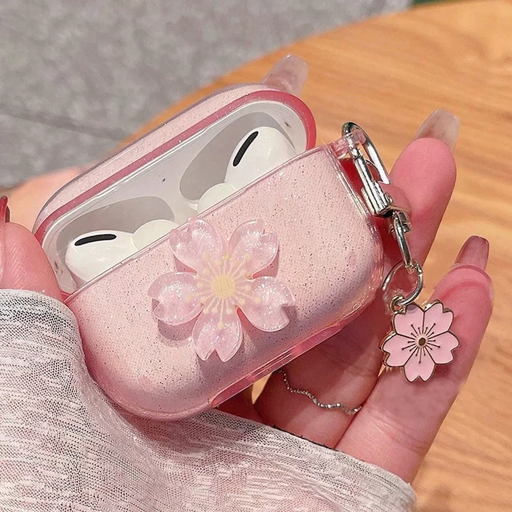 Pink Sparkling Cherry Blossom Cases For Apple AirPods Pro 1/2/3/4 Generation Wireless Bluetooth Earphone Transparent Case