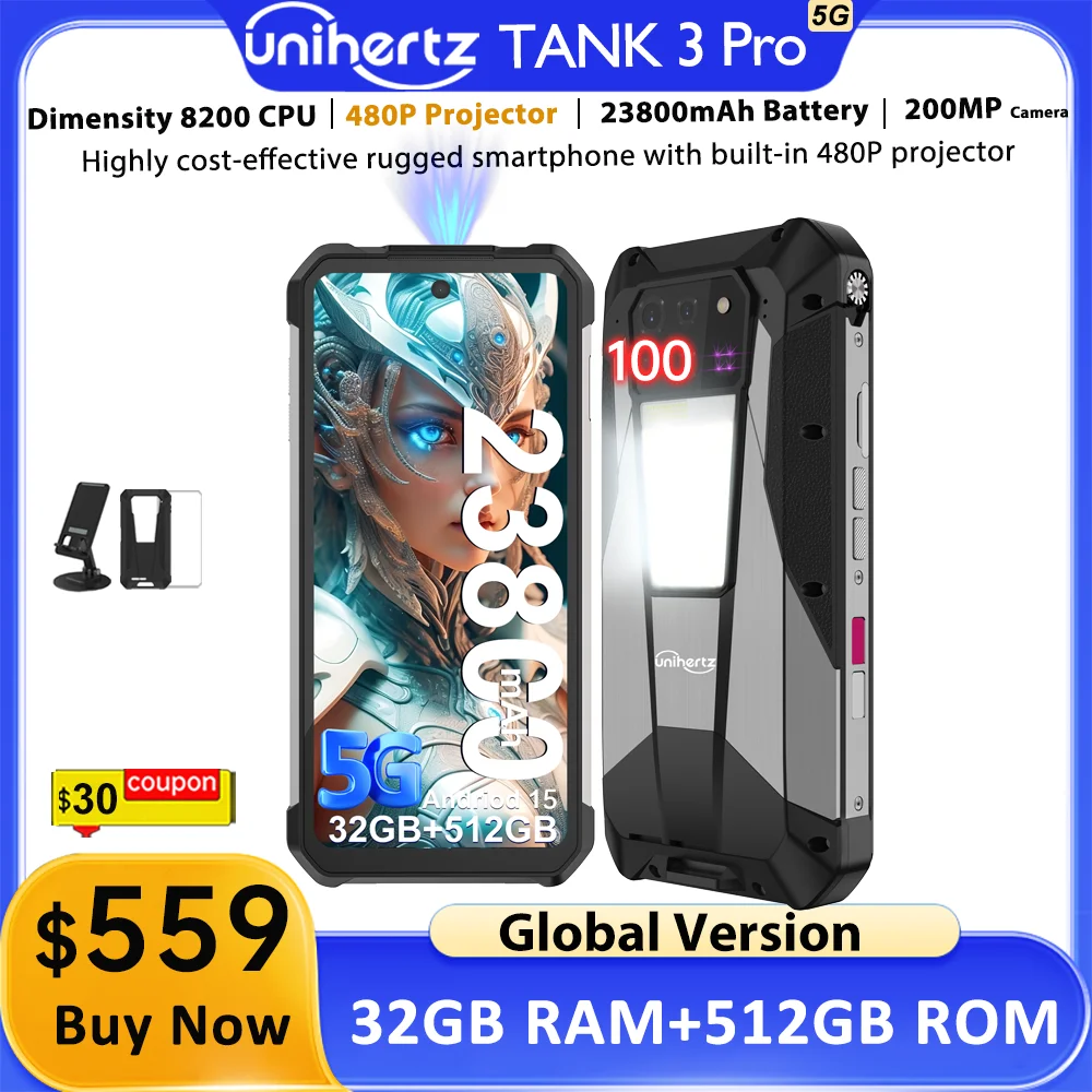 Unihertz Tank 3 Pro 8849 Smartphone with 100 Lumens 120Hz Projector 32GB+512GB 5G Phone 23800mAh 120W Fast Charger 200MP Camera