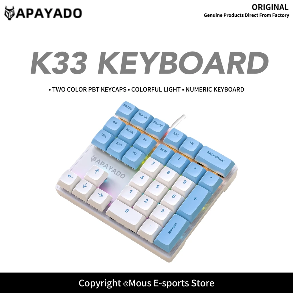 K33 Portable Mini Mechanical Numpad 33-Key USB-C Wired Numeric Keypad APAYADO Blue/Red Switch Options LED Lighting for Windows