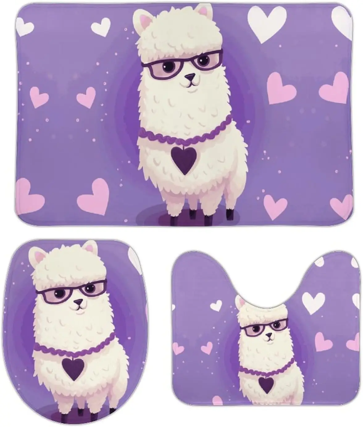 3 Piece Bath Rug Set Non Slip Absorbent Bath Mat Contour Mat with Toilet Lid Cover Love Alpaca Purple Soft Floor Mats for