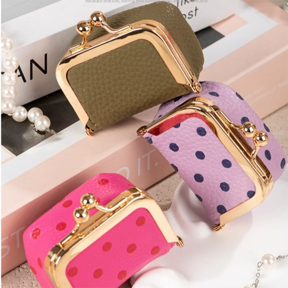 Multifunctional Polka Dot Small Wallet PU Leather Portable Coin Purse Kiss Lock Mini Jewelry Bag Accessory Organization