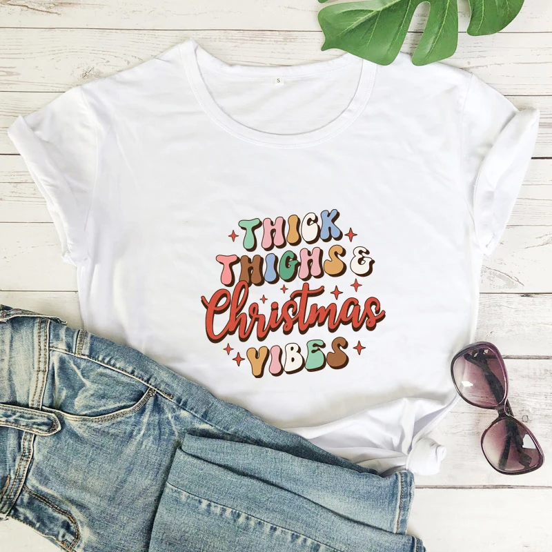 colored thick thighs & christmas vibes tshirt vintage women short sleeve merry christmas top tee shirt