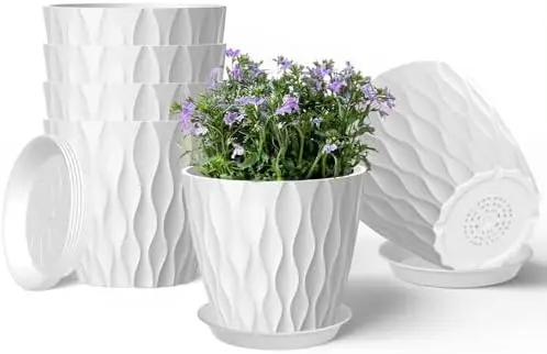 

6 упаковок белых пластиковых горшков для растений длиной 7 футов с дренажем, штабелируемые горшки для внутреннего и наружного использования