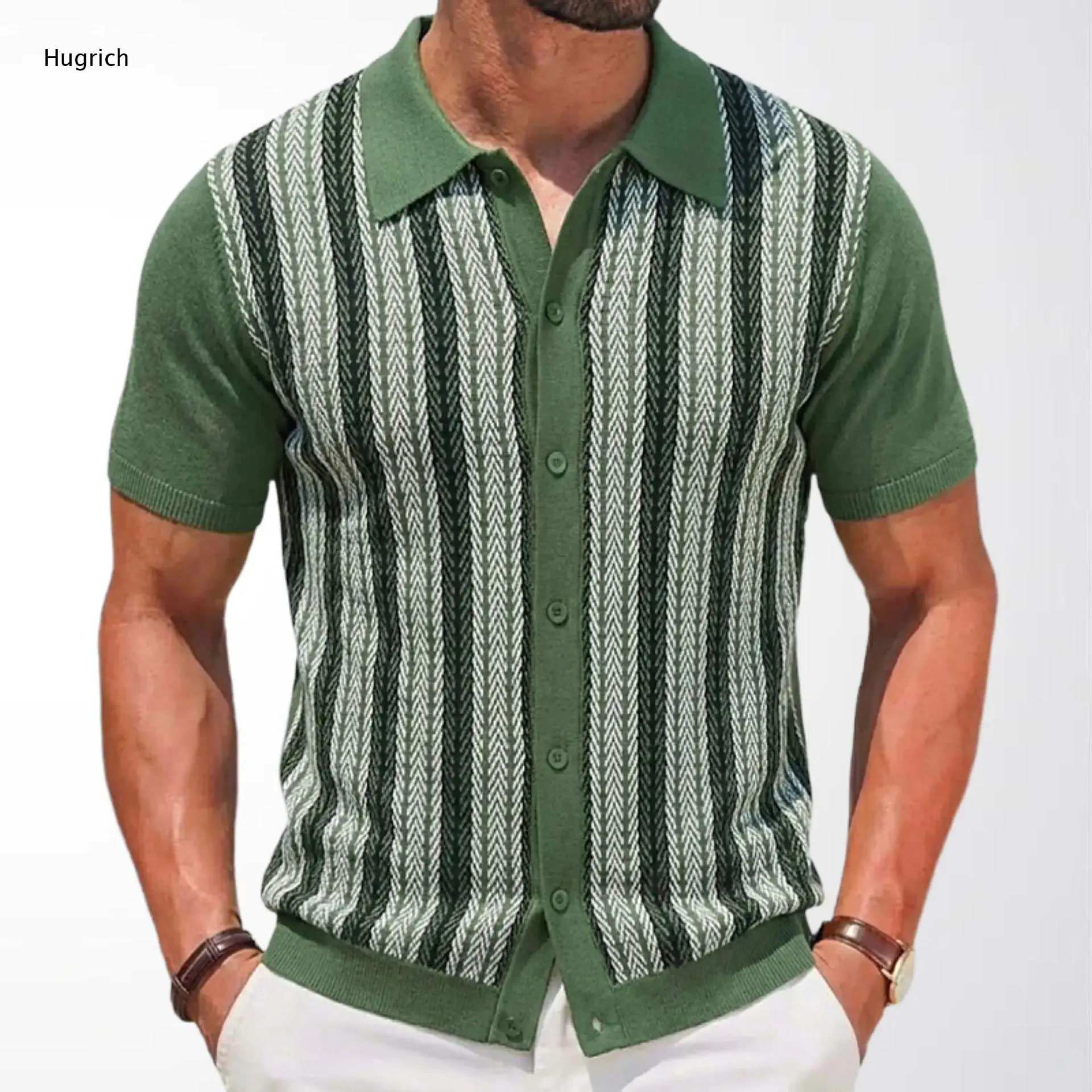 Men's Breathable Chevron Herringbone Vertical Stripe Contrast Lapel Full Button Knit Shirt