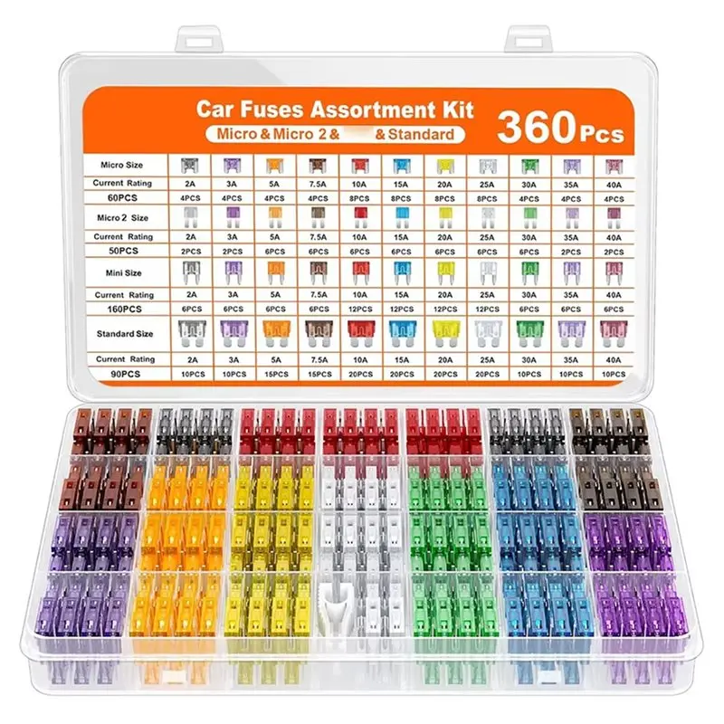 PHFU-160 Mini Blade Fuses+ 90 Standard Fuses+ 50 Micro Fuse+ 60 Micro2 Fuses(2A-40A), 360Pcs Fuse Assortment Kit