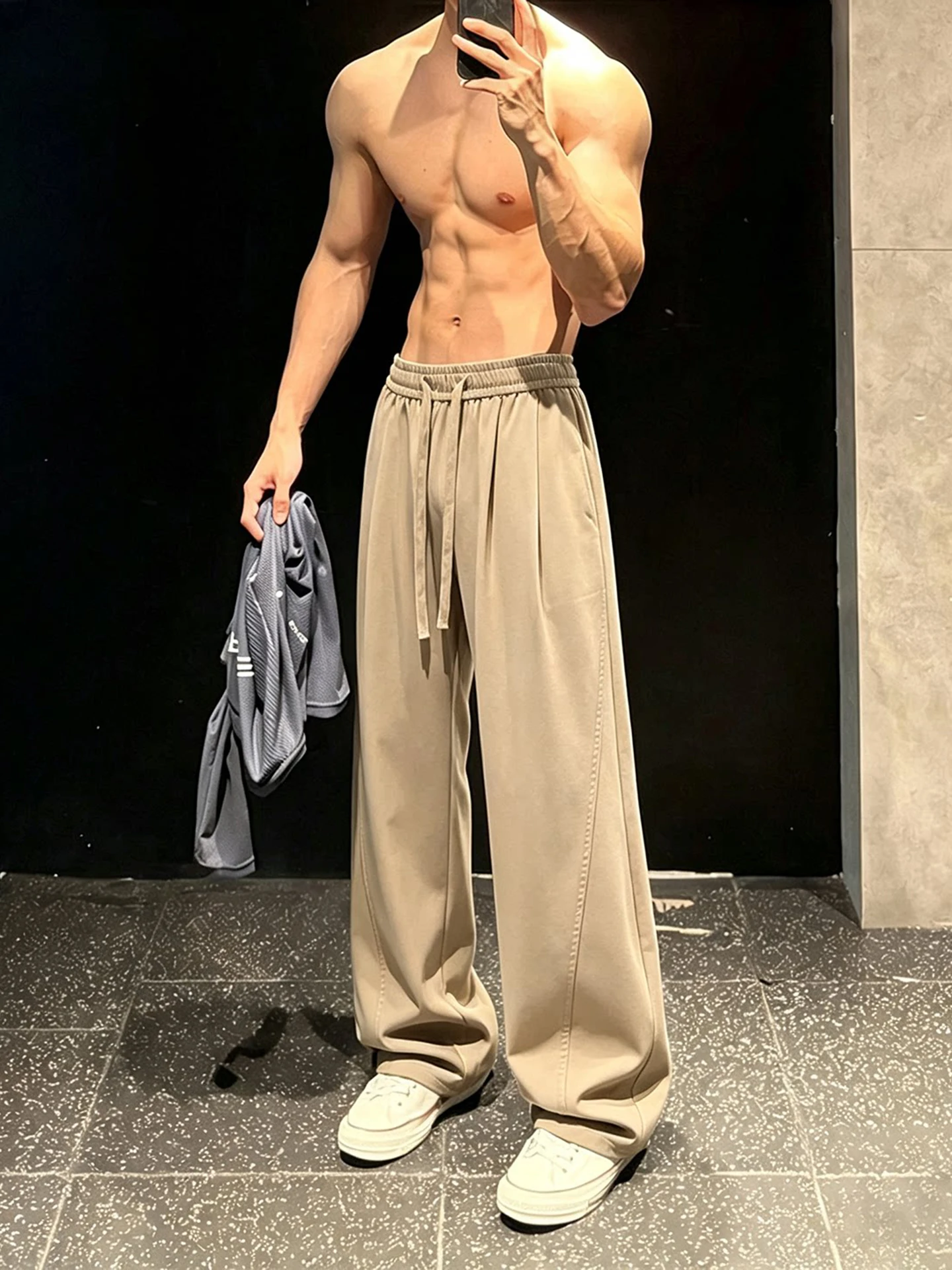 Khaki Fitness Pants Men's Summer Thin Ice Silk Quick Dry Sports Straight Legging Trousers Casual Loose Fit Straight Cut Pants