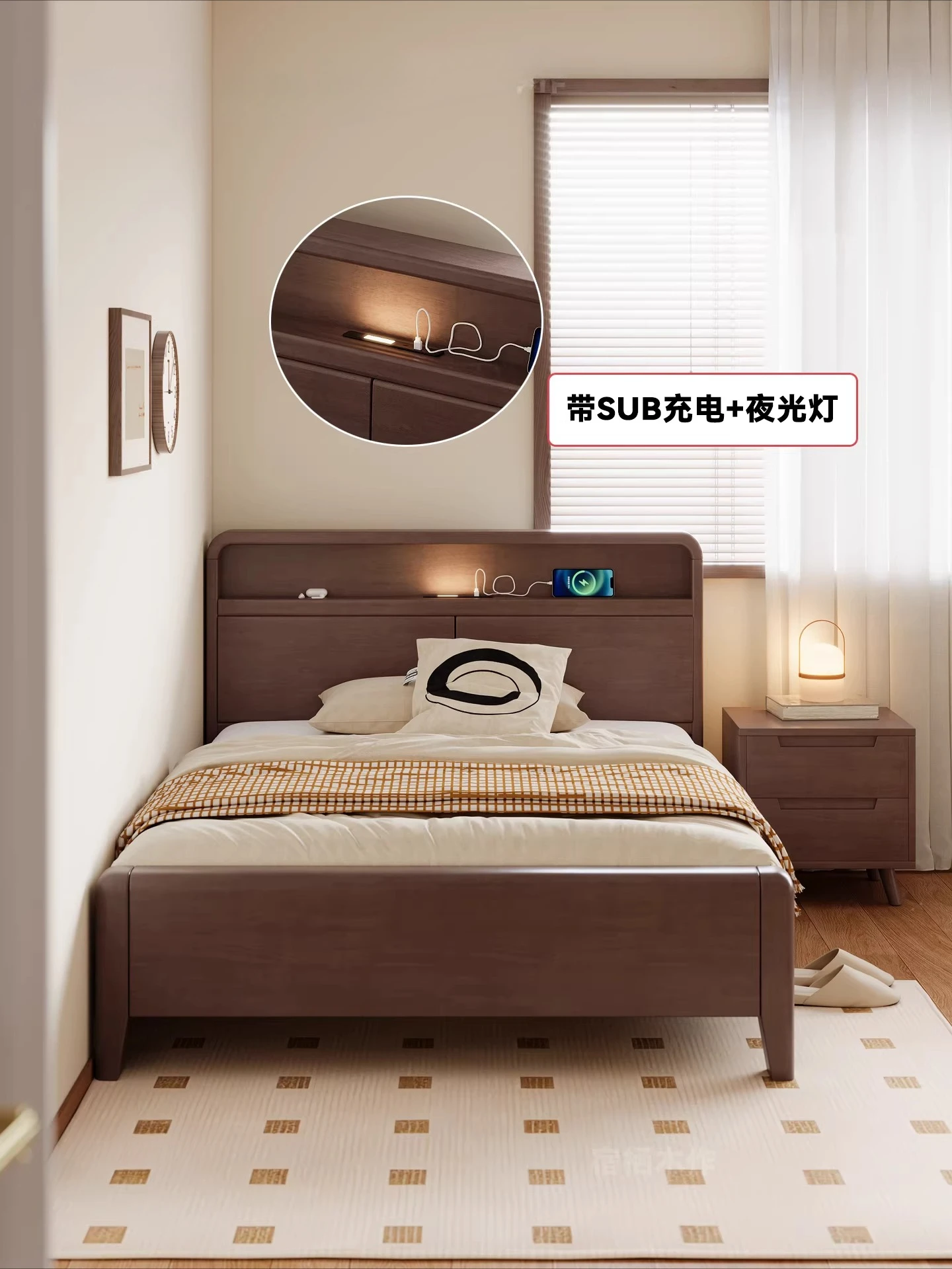 A Solid wood bed 1 meter 2 small apartment small room does not interfere with each other wooden bed