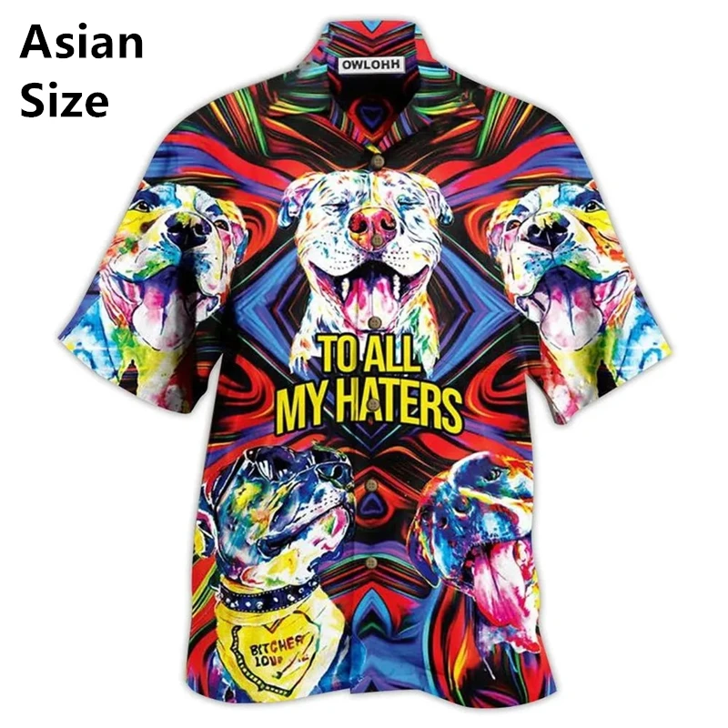 Camisa hawaiana con estampado de Bulldog para hombre, pantalón corto informal de manga con solapa y botones, ropa de fiesta para vacaciones en la playa, Tops de gran tamaño