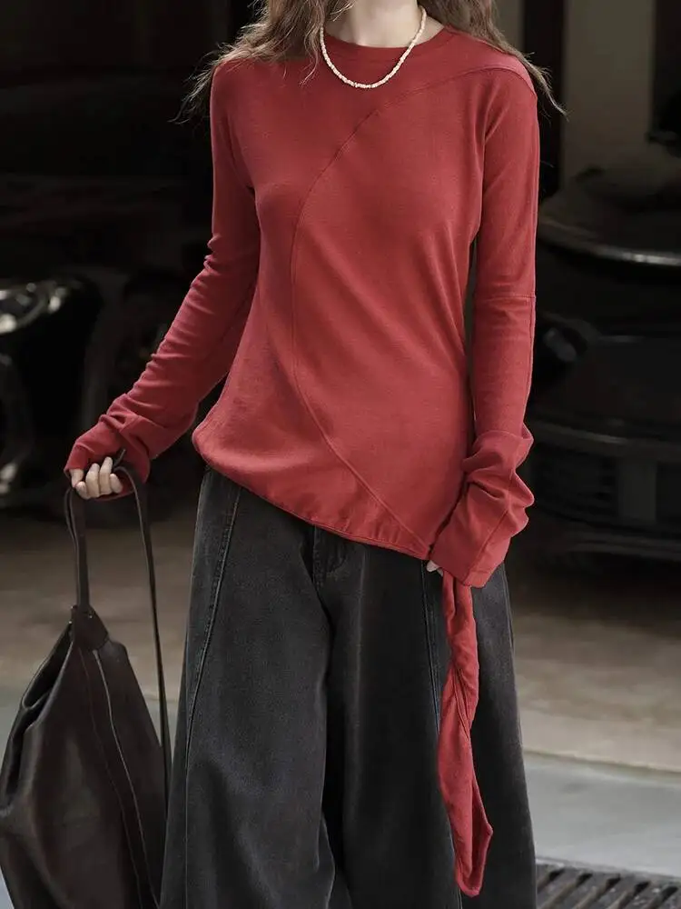 Unregelmäßiger Ziegelroter Slim-Fit Pullover mit Rundhalsausschnitt und Langen Ärmeln für Damen Neue Mode Frühling Herbst 2026 454U