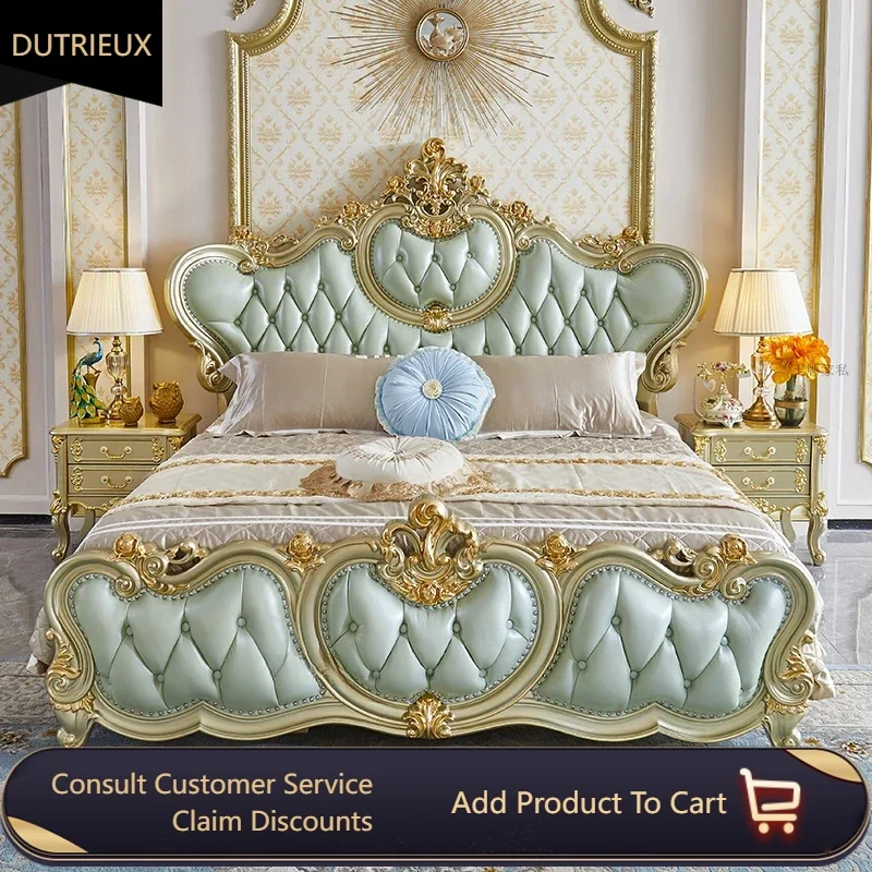 

Carved Gold Oak Double Bed European Style French Leather Storage Bedroom Queen Bed Luxury Leather Cama De Casal Furniture Home