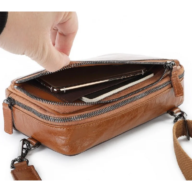 Man Leather Shoulder Chest Bag Men\'s Oil Wax Cow Leather Messenger Bag Office Handbag For Men Casual Male Shoulder Bag