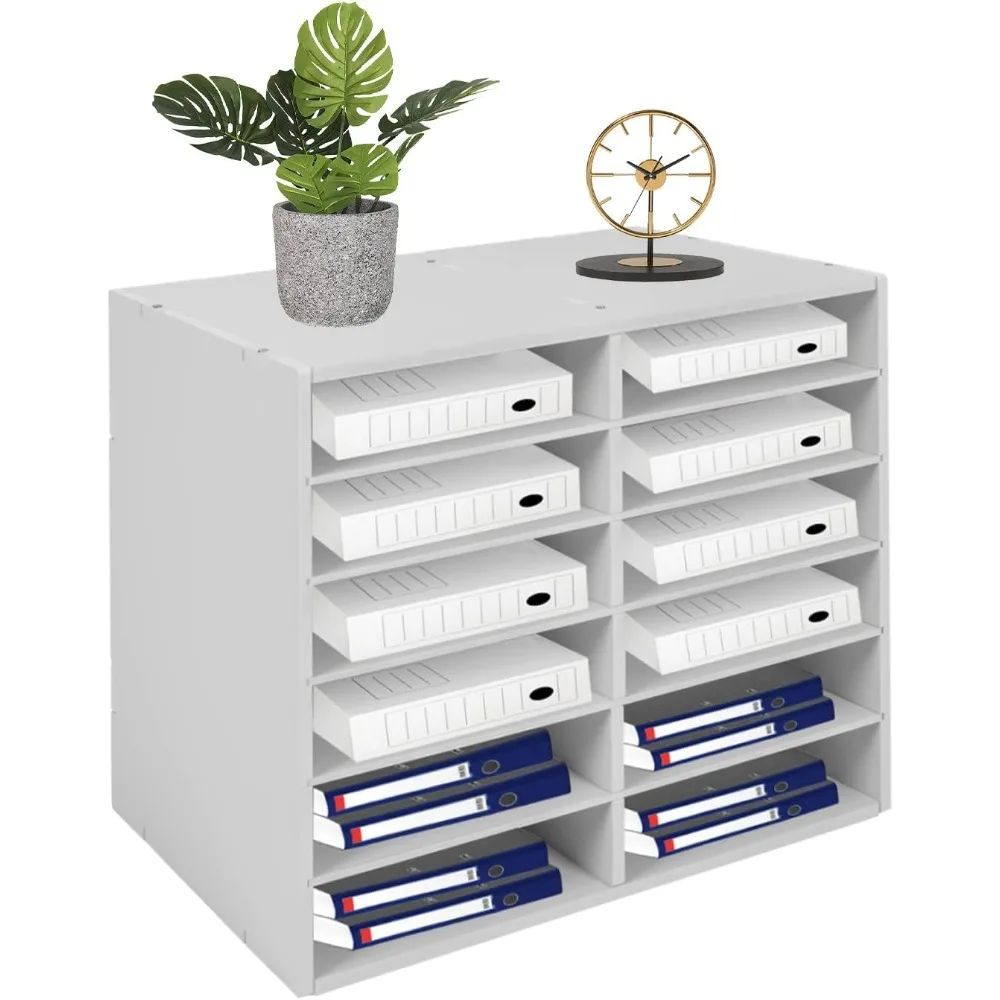 12 Slots Adjustable Literature Organizer Desktop File Sorter Mail Center Magazine Holder Paper Storage Cabinet (White)