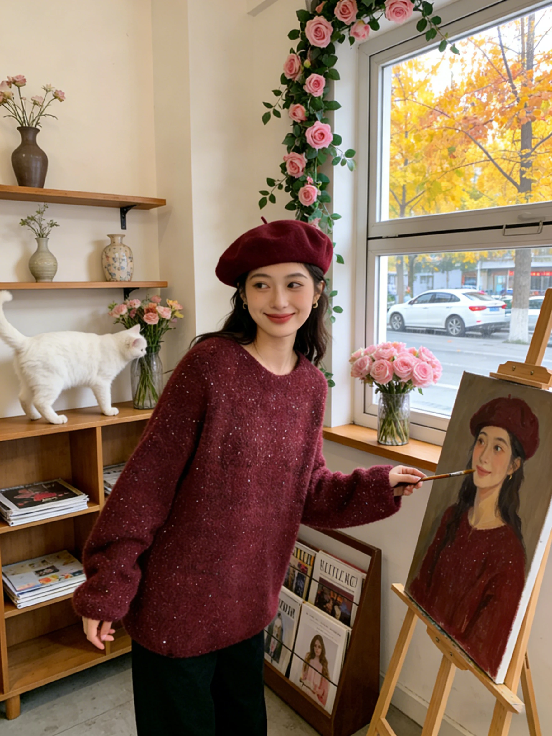 Red Sequin Long Sve Thi Knitted Sweater Women's Autumn Winter New Sle Casual Loose Fit round Ne Knitwear Base irt