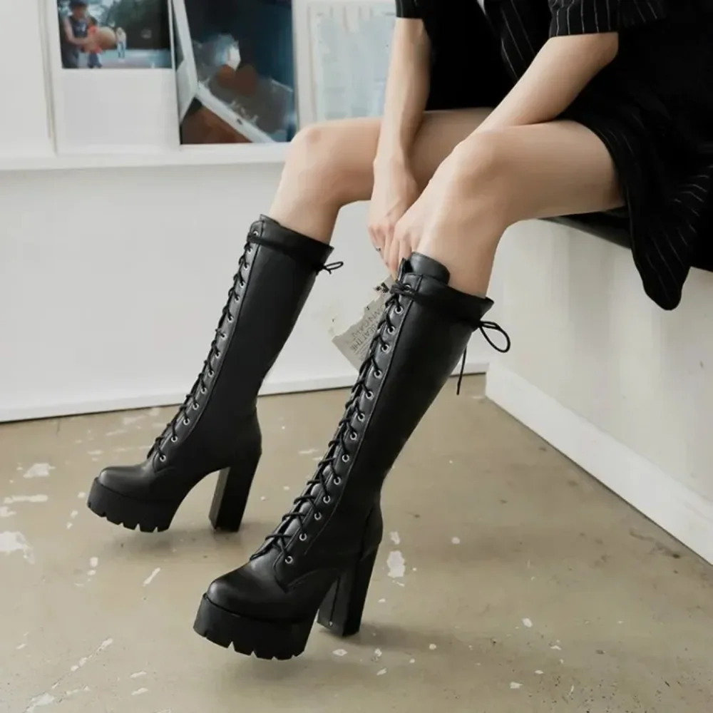 

Women's Boots New Autumn and Winter Fashion Round Head Lace-up High Heel High Tube Women's Shoes Plus Size 34-43 High 11cm