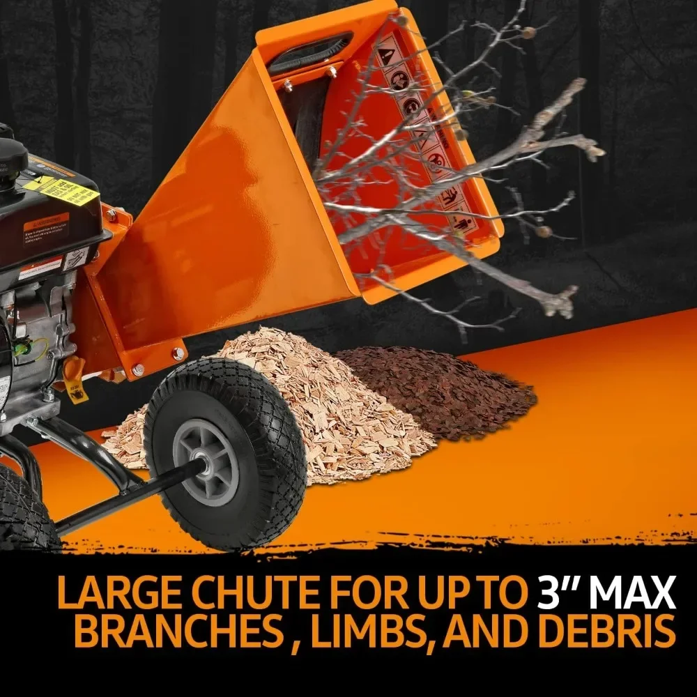 

A Wood Chipper Shredder Mulcher 7HP Engine Heavy Duty Compact Rotor Assembly Design 3" Inch Max Capacity Aids in Fire Prevention