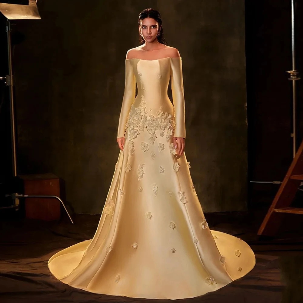 

2026 Modern Gold Mermaid Formal Prom Dress Off the Shoulder 3D Flowers Beads Satin Evening Pageant Party Gowns Robe De Soiree