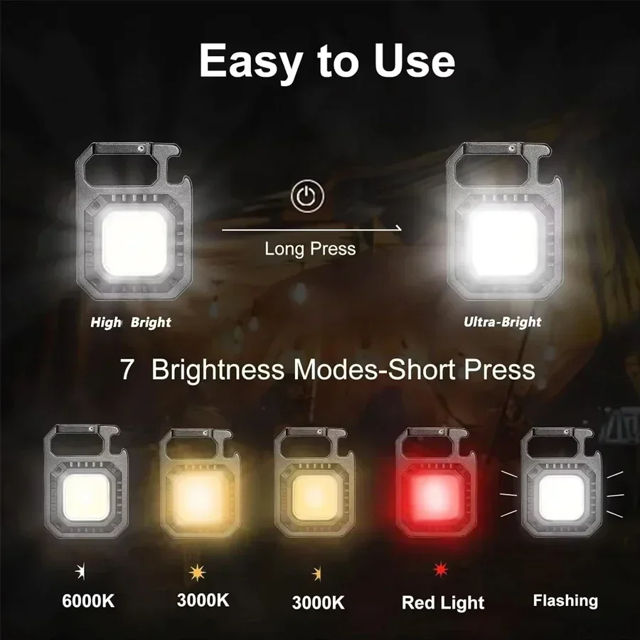 Multifunctional LED Flashlight 7 Modes Rechargeable Keychain Light Outdoor Camping Hiking Emergency Lamp Magnetic COB Work Light
