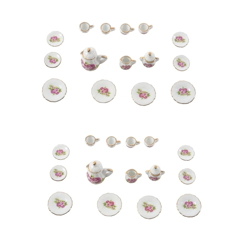 30 Pieces Porcelain Tea Set Dollhouse Miniature Foods Chinese Rose Dishes Cup