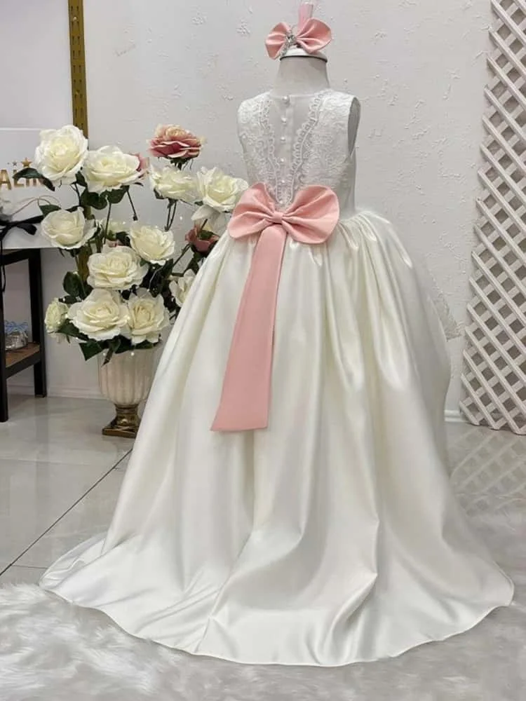 Ivory Satin Flower Girl Dress Sleeveless Lace Pearl Big Pink Bow Train Gown First Communion Wedding Pageant Princess Dresses