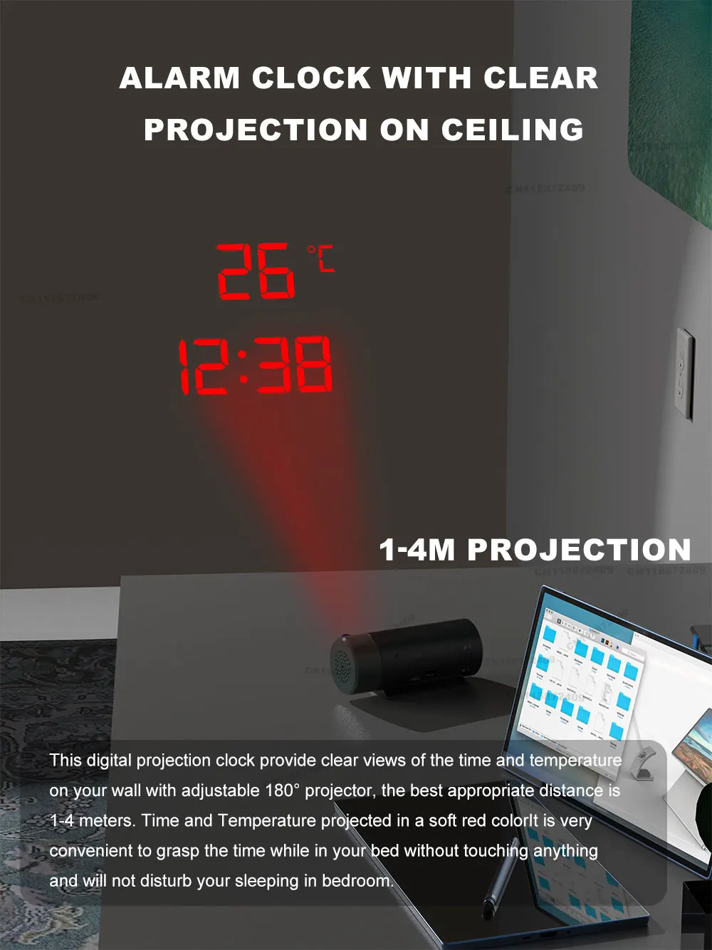 Projection Alarm Clock for Bedrooms Digital Clock with 180° Rotatable Projector Automatic Brightness Dimmer Temperature