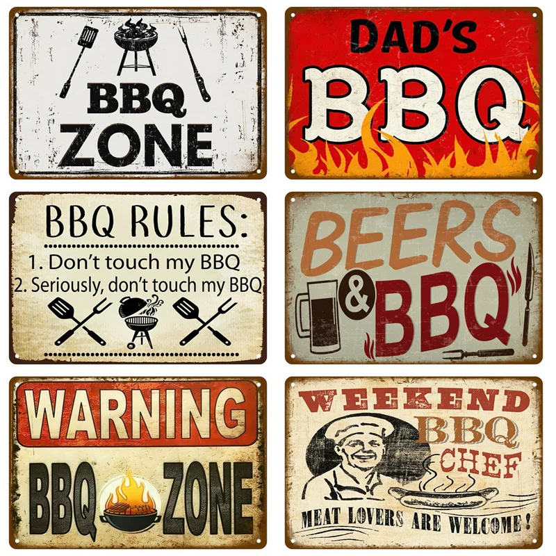 Vintage Blechschild 'Dad's BBQ' für Garten und Outdoor-Partys, BBQ-Zone Metallschild, Retro Grill-Regeln Slogan Deko-Accessoire