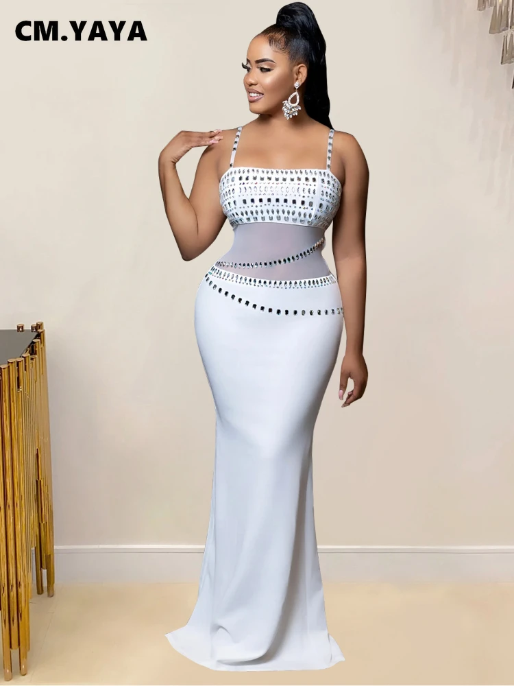 CM.YAYA-Vestido largo de malla con diamantes de imitación para mujer, maxivestido Midi ajustado con tirantes, vestido de noche para fiesta y Club, 2024