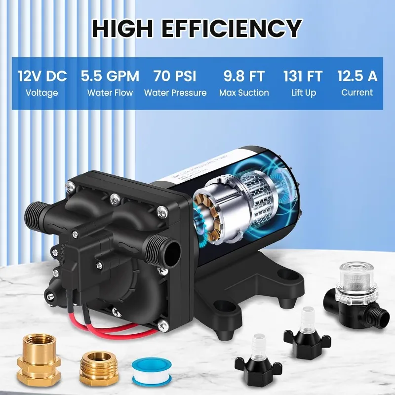 RV Fresh 12V Water Pump with Pressure Switch 5.5GPM 70PSI, 12 Volt Water Transfer Pressure Pump