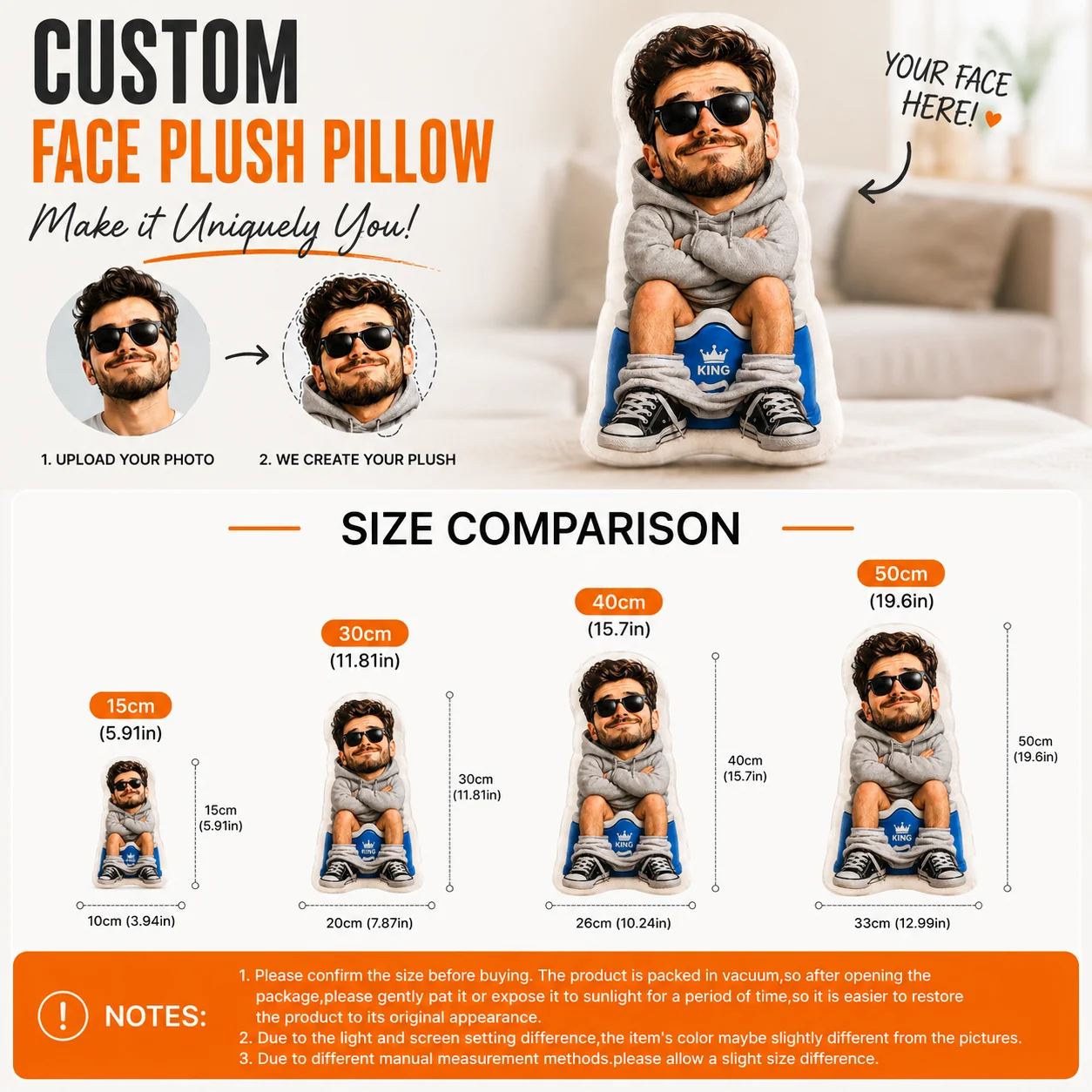 Customized Face Cushions, Seat Cushions with Personalized and Fun Portrait Photos, Unique Doll-Shaped Gifts, Suitable as Gifts for Him/Her on Birthdays or Other Special Occasions
