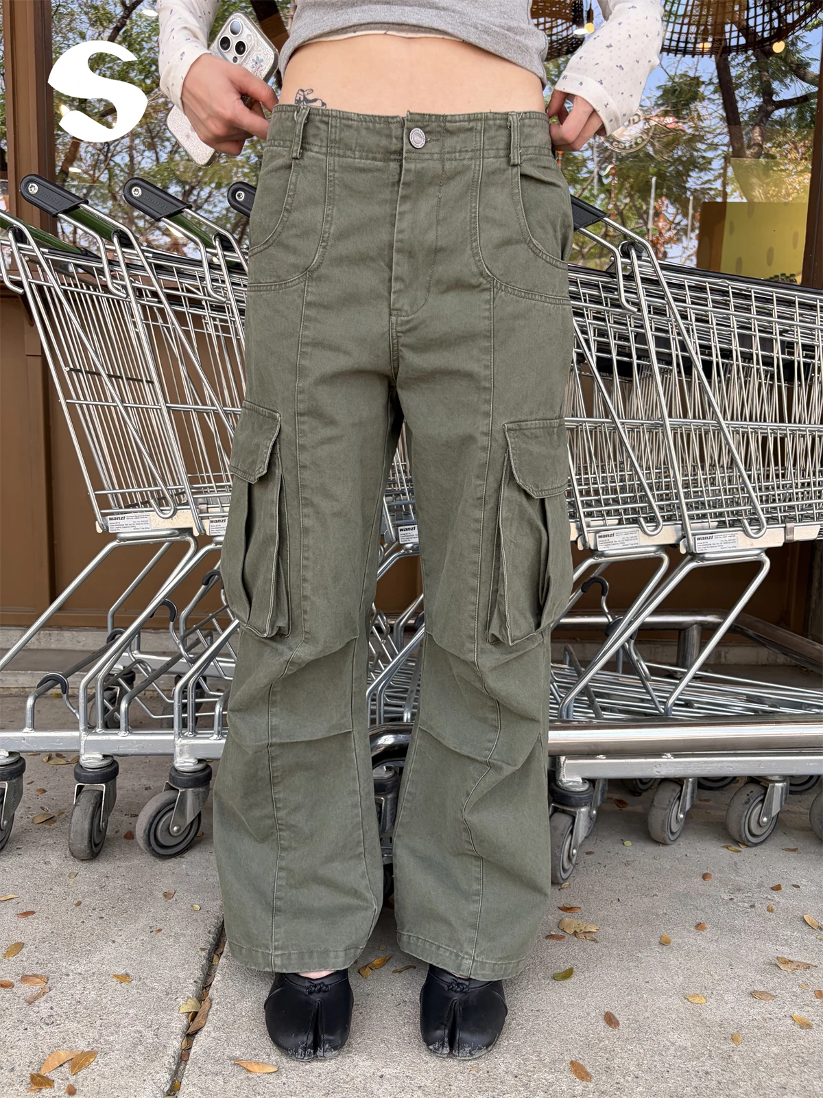 

Low Waist Korean Style Work Pants Women's Straight Leg Casual Trousers Multiple Pockets Washed Effect Long Pants