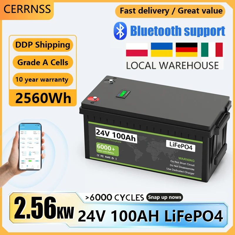 

LiFePO4 24V 100AH 200AH Battery Pack 25.6V Lithium Solar Battery 6000+ Cycle With Bluetooth BMS Grand A Cells For RV Boat NO TAX