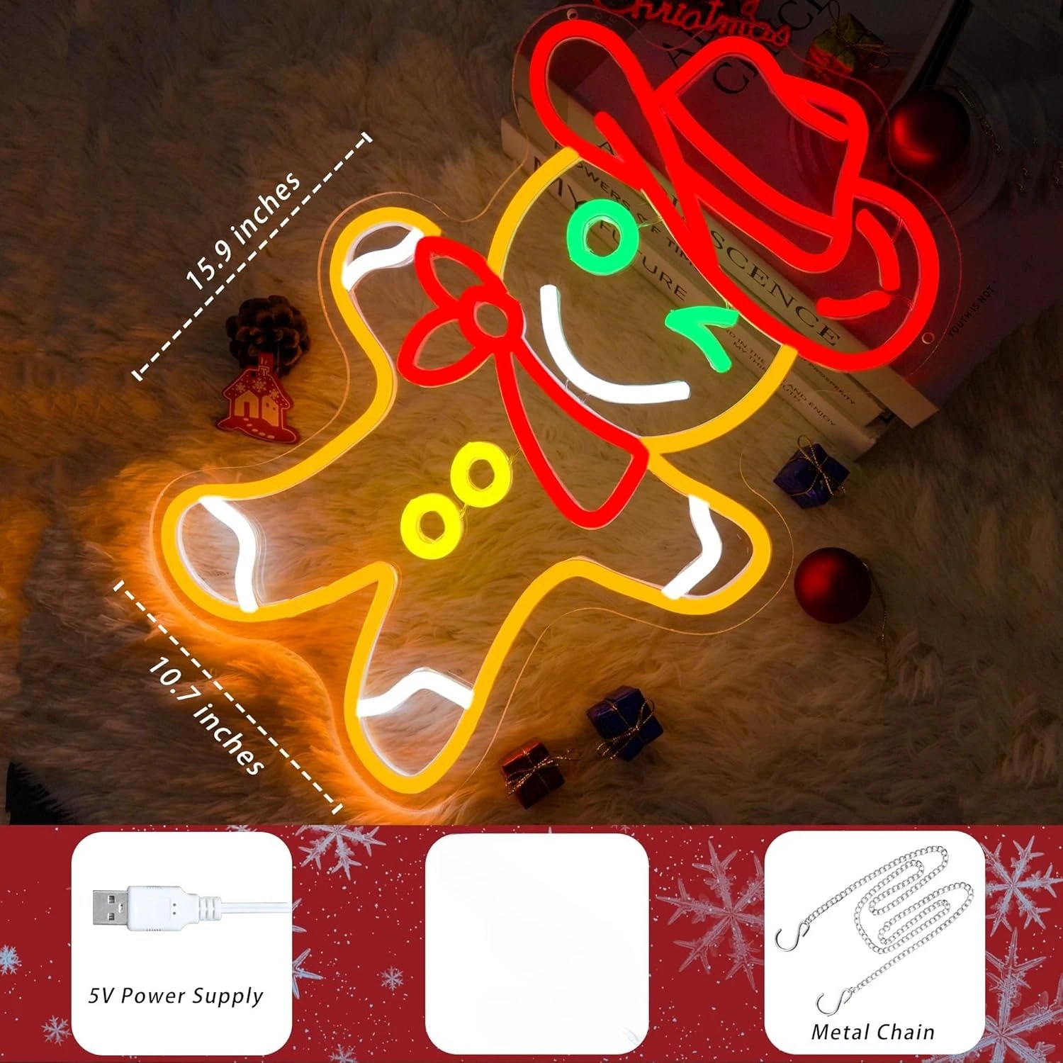 ป้ายไฟนีออนรูปคาวบอยขนมปังขิงสำหรับตกแต่งคริสต์มาส ไฟ LED ปรับความสว่างได้ผ่านพอร์ต USB สำหรับร้านอาหาร ร้านค้า งานปาร์ตี้ ตกแต่งธุรกิจ