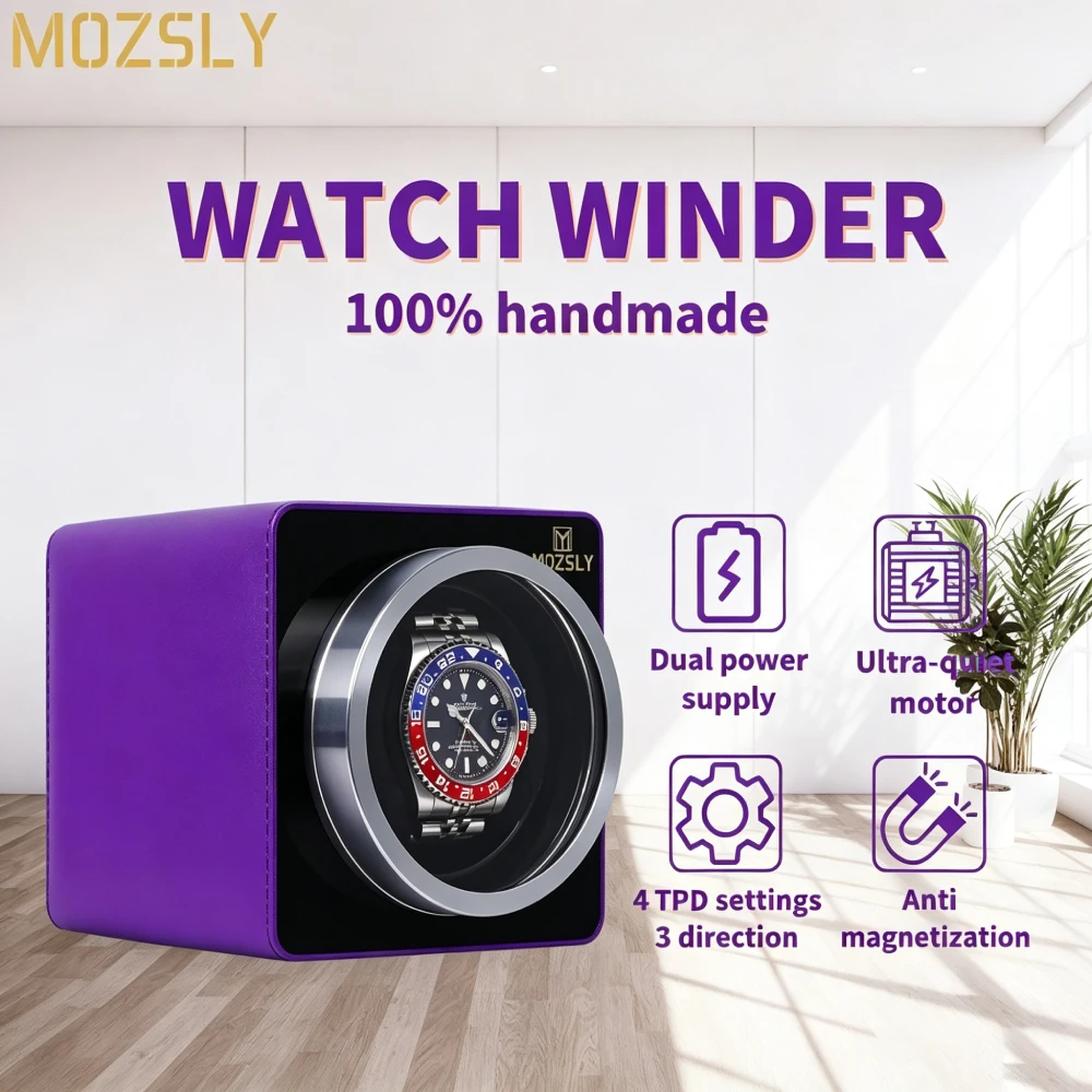 Mozsly Luxury Single Watch Winder, 5Db Japanese Motor & Pu/metal, 12 Tpd Stackable, for Display, Fits Rolex Omega