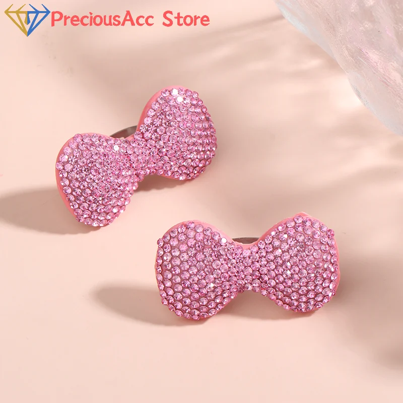 Y2K الحلو لامعة الوردي القوس حلقة مفتوحة للفتيات النساء موضة حجر الراين خواتم الاصبع العصرية بيان مجوهرات هدايا #3