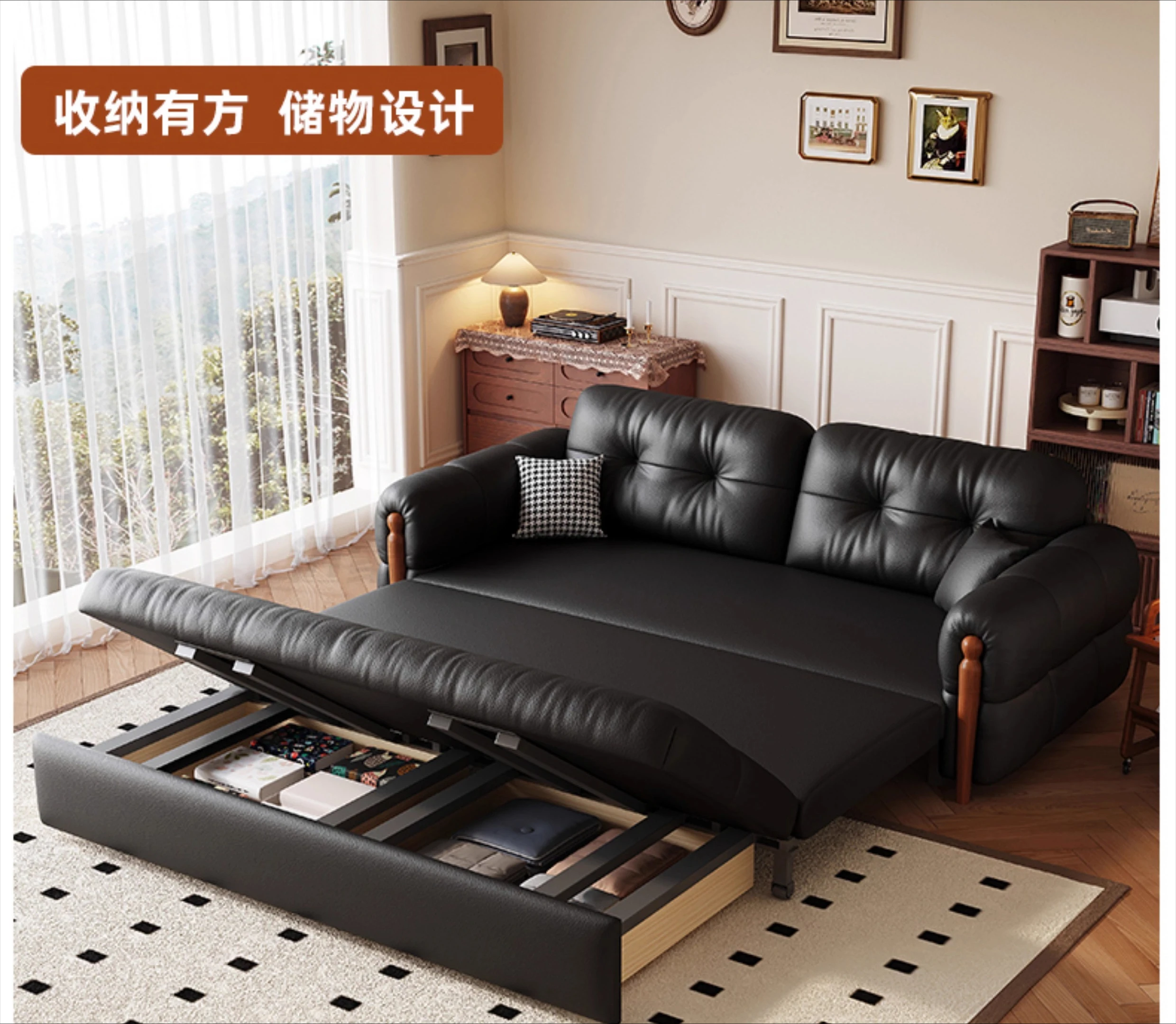 

A leather first layer cowhide solid wood sofa bed folding dual-purpose household small apartment