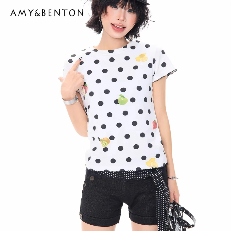 

American Retro Design White Polka Dot Fruit Lace Women's Short-sleeved Top 2026 Summer Hot Girl Cute Versatile T-shirts Ladies