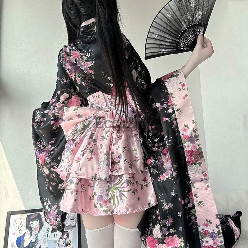 Abito kimono tradizionale giapponese Kawaii Pink Sakura stampato Bowknot Lolita Dress Halloween Party Geisha Costumi Cosplay coscos