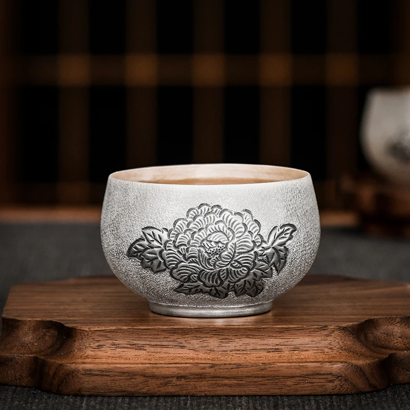 

999 Sterling silver tea cup rich peony sample Tea cup Chinese style retro style home owner cup guest cup