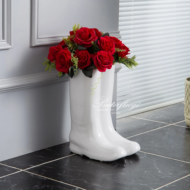 Modern Ceramic Boot Umbrella Stand Floral Vase Decorative Rain Gear Organizer for Lobby Entryway Creative Home Accents