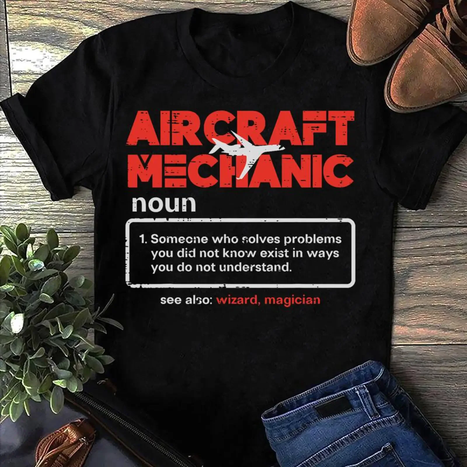 Aircraft Mechanic Definition Funny T Shirt Airplane Technician Aviation Humor Wizard Magician Joke vintage Washed