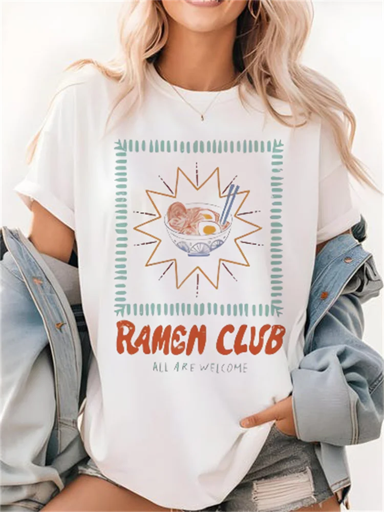 Ladies' Summer Ramen Club Printed Cute Travel Short Sleeve Seaside Vacation Printed Pattern O - Neck Versatile Trendy T - Shirt