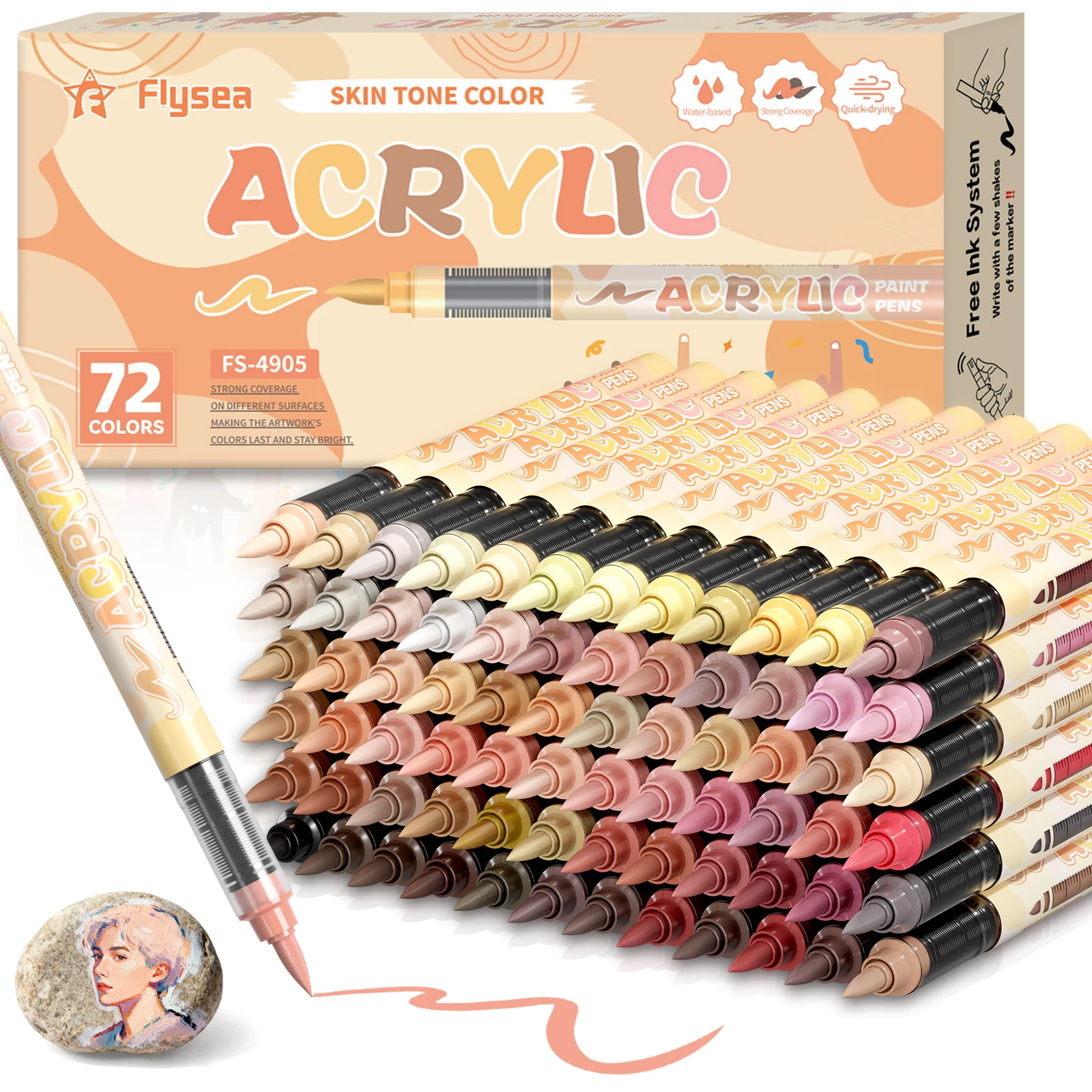 Flysea New72/48/36/24/12/Skin Tone Acrylic Markers, Paint Markers, Drawing Pens, Acrylic Paint Markers, 0.5-5mm Stackable Colors, Strong Coverage, Felt-Tip Pen Stationery Set, Student Drawing Anime Art Supplies, Non-Smudging Hand-Drawn Art Supplies for School, DIY Creation, Suitable for School Art Supplies, Back-To-School Season.