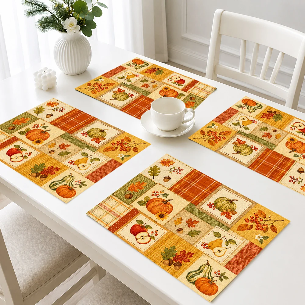 Fall Harvest Patchwork Pumpkin Maple Leaf Fruit Print Rectangular Placemats Set Thanksgiving  Dining Table Decor Mats
