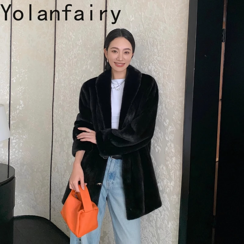 YOLANFAIRY autumn and winter Helvet whole Mink fur coat turn-down collar warm Long fur coat куртка зимняя женская 2025
