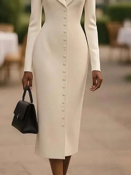 Modigirl Lente Herfst Formele Midi Jurken Bovenkleding Vrouwen 2025, Lange Mouwen Stedelijke Elegante Bodycon Jurken Dames Franse Kleding