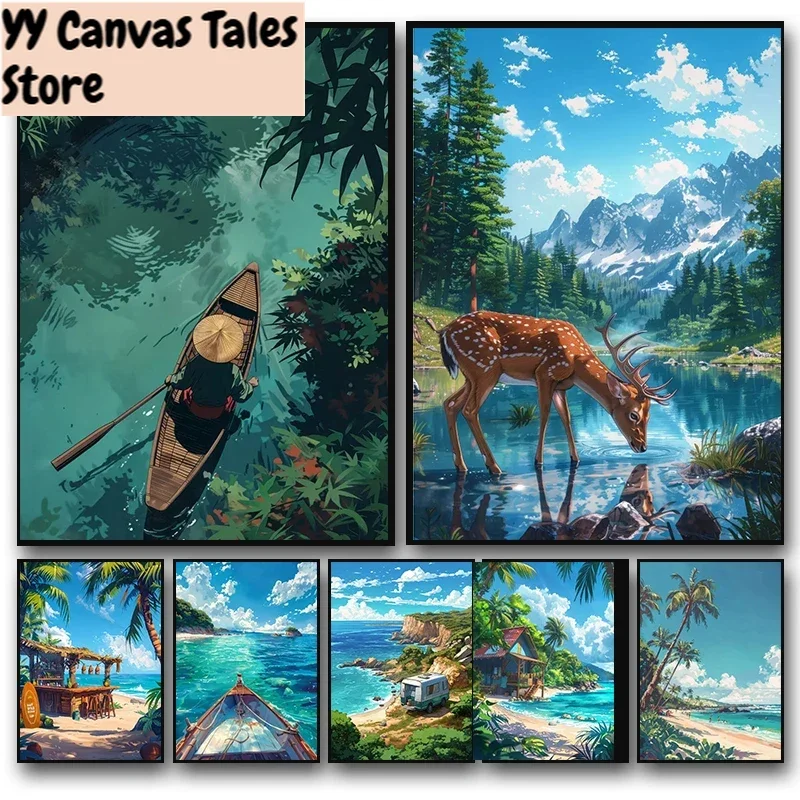 1 Stück rahmenloses Leinwandgemälde, Meeres- und Sommerlandschaft, Bar-Anime-Wandkunst-Poster, blaue Hütte, Strand, Wald, Leinwandgemälde, Druckbild