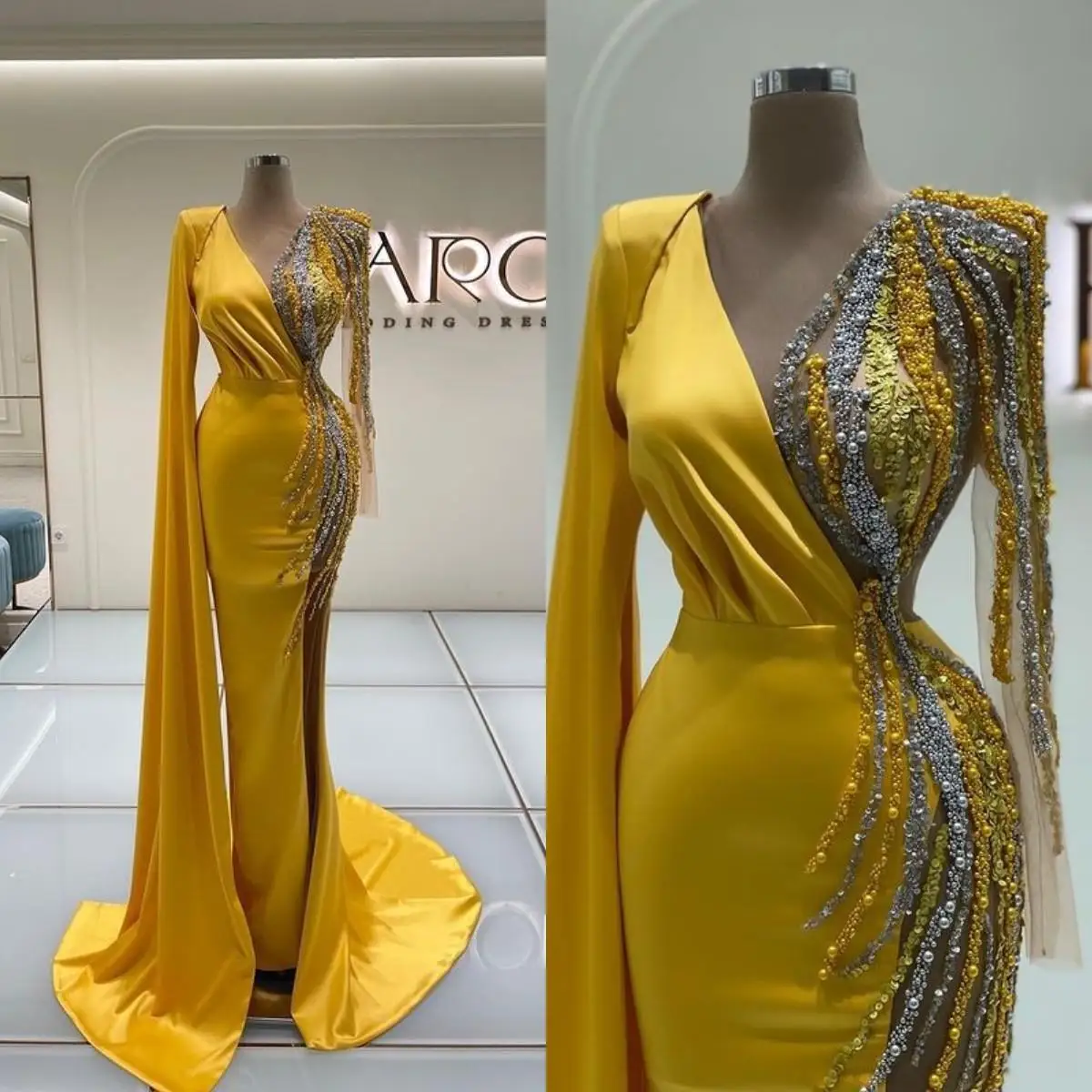 Vestidos de graduación de sirena de satén dorado brillante con manga larga, cuentas de cristal, cuello en V, vestido de noche árabe de Dubái, túnicas de soirée jaune